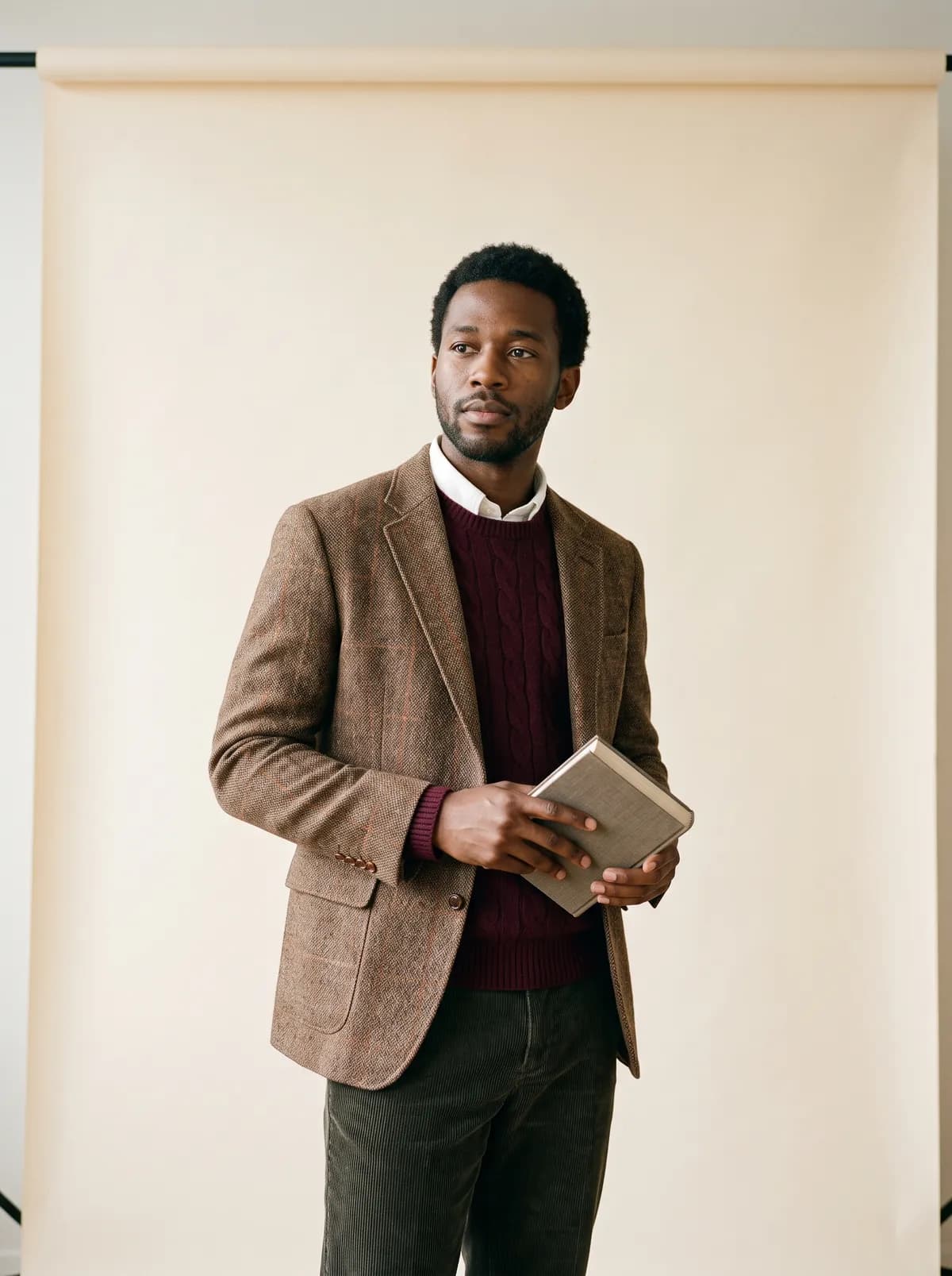 Hombre con americana de tweed, jersey burdeos de ochos y un libro en la mano