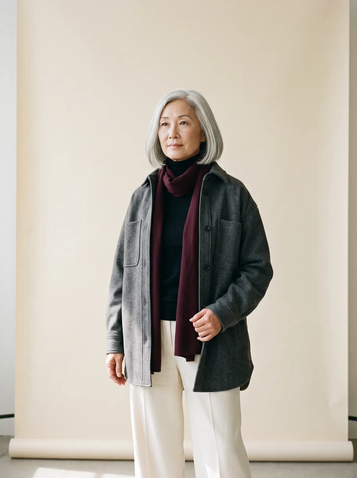 Mujer de pelo gris con sobrecamisa de lana gris, jersey negro y pantalón marfil